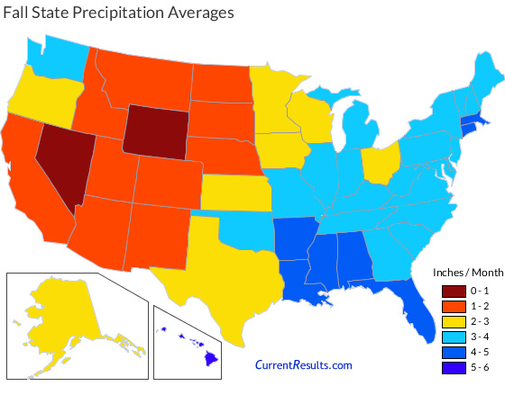 Map of USA state average precipitation in fall