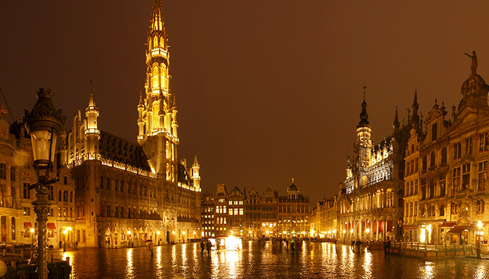 Rainy night in at Grand Place in Brussels, Belgium