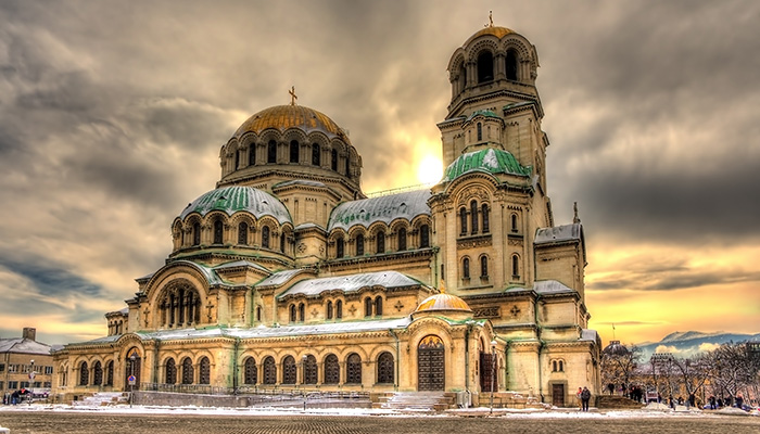 Snow on Alexander Nevsky Cathedral in Sofia, Bulgaria