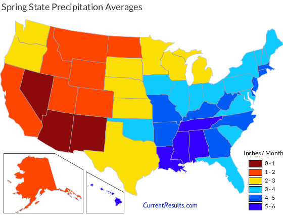 Map of USA state average precipitation in spring