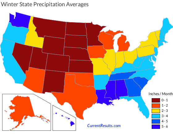 Map of USA state average precipitation in winter