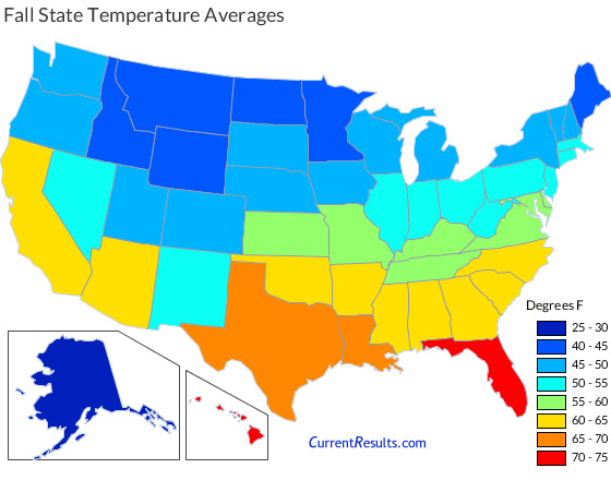 USA state map of average autumn temperatures