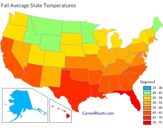 Map of USA state average temperatures in fall