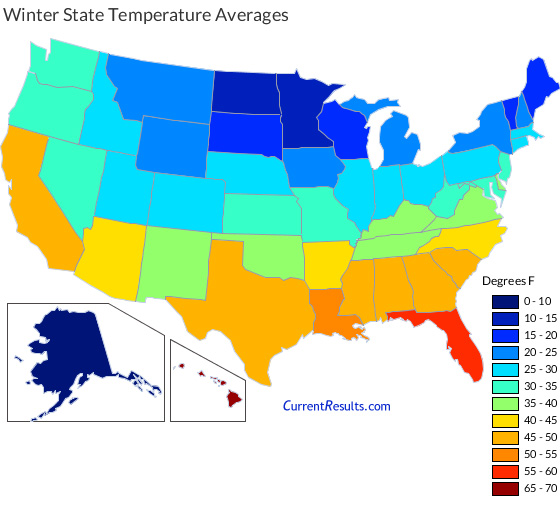 USA state map of average winter temperatures